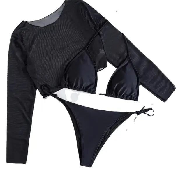 Black long-sleeved crop top and matching bikini bottom swimwear set.
