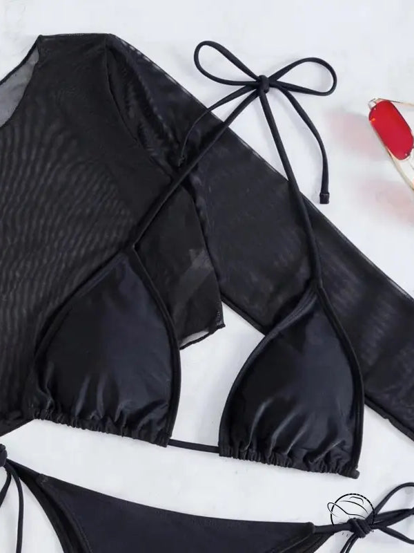 Black long-sleeved sexy bikini set with tie closures and lace tulle detail