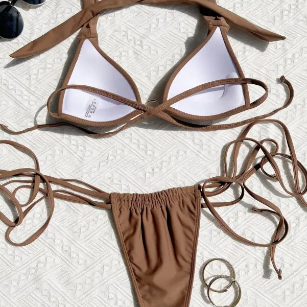 Brown tie-string bikini featuring a nylon tie halter design for a sexy swimsuit look