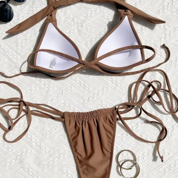 Brown tie-string bikini in sexy swimsuit strap halter design
