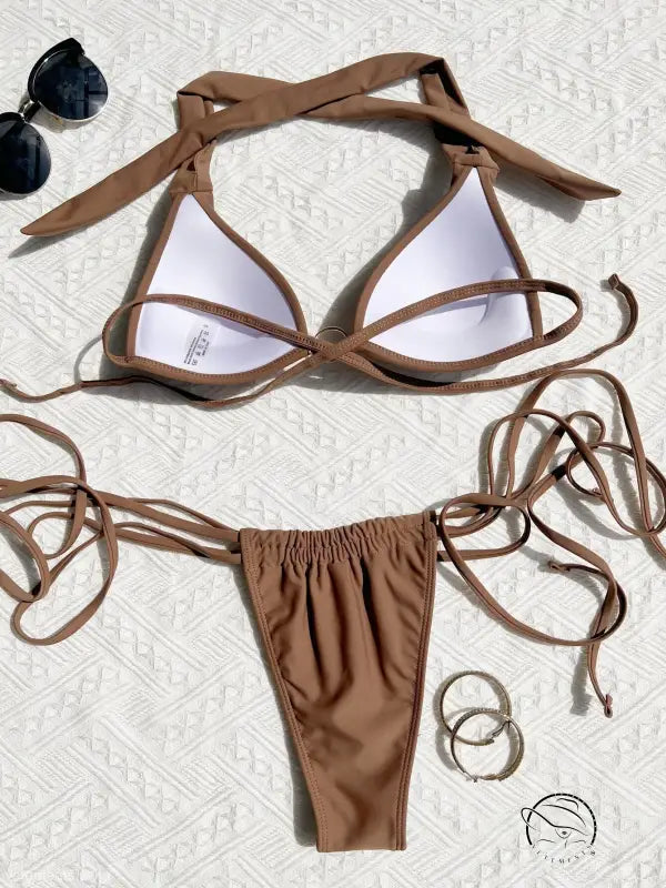 Brown tie-string bikini in sexy swimsuit strap halter design