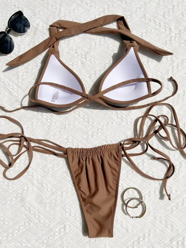 Brown tie-string bikini featuring a nylon tie halter design for a sexy swimsuit look