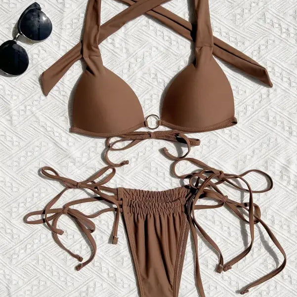 Brown tie-side sexy swimsuit strap in boho nylon halter design