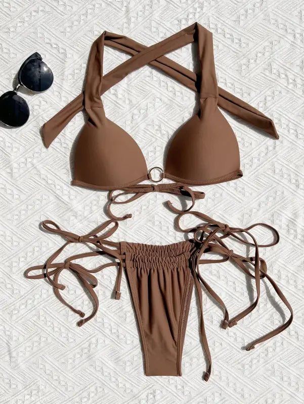 Brown tie-side bikini featuring a stylish nylon tie halter design in a sexy swimsuit strap
