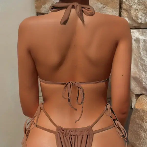 Brown string bikini featuring a sexy swimsuit strap and nylon tie halter design