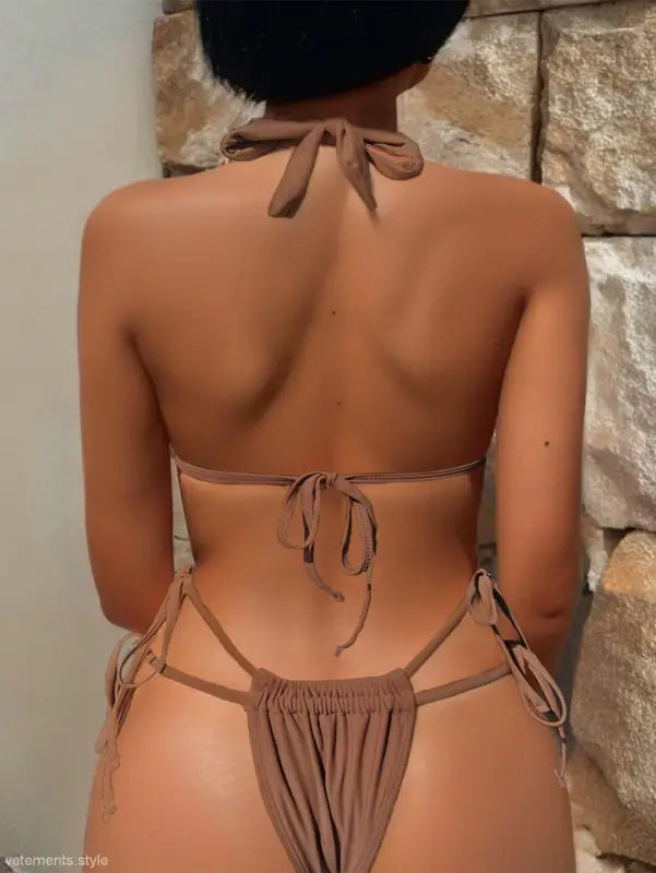 Brown string bikini featuring a sexy swimsuit strap and nylon tie halter design