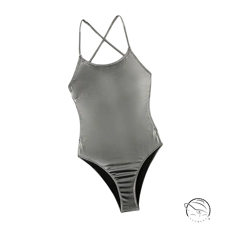 Gray sexy metal swimsuit with thin cross-back straps for vacations