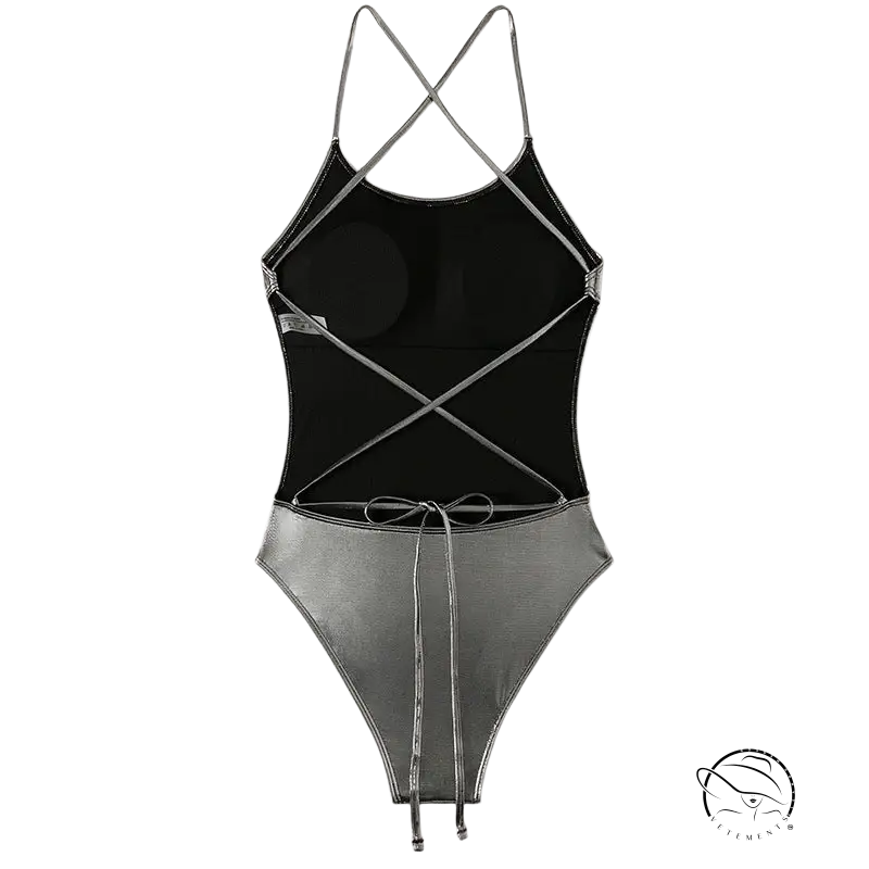 Sexy metal swimsuit in black and silver with crisscross straps