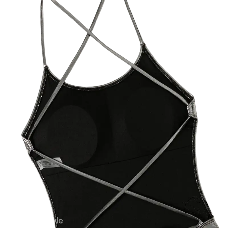 Sexy metal swimsuit in black one-piece with crisscrossing gray straps