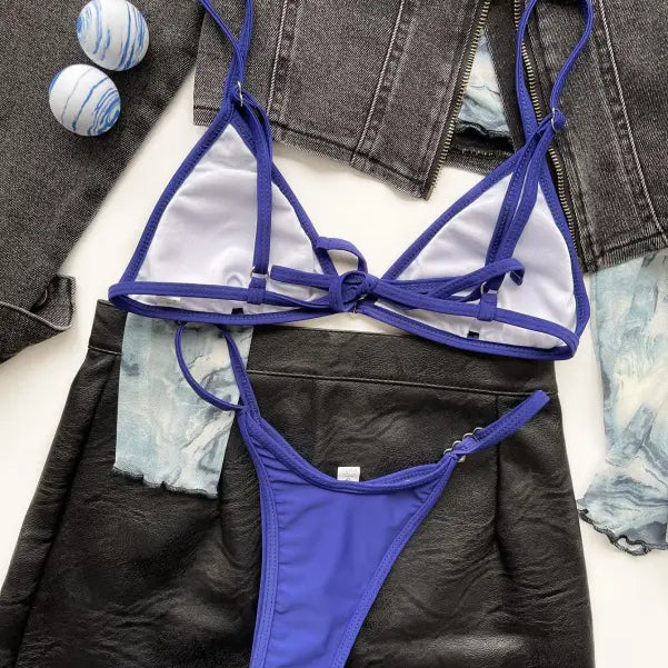 Blue bikini set with a sexy triangle bag in the Boho Summer Tie Strap Swimsuit with Triangle Bag feature