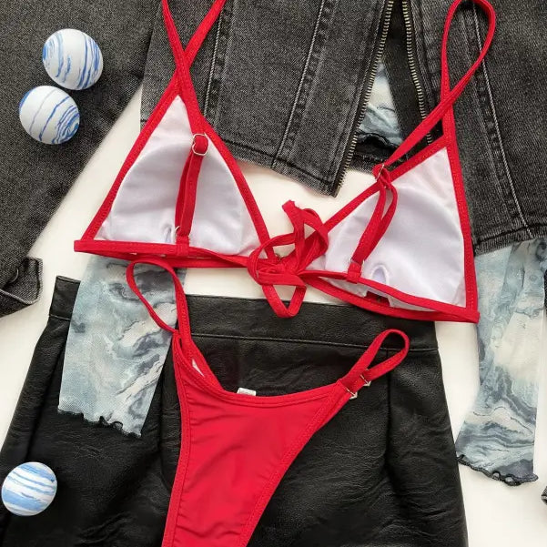 Red string bikini featured with a stylish sexy triangle bag in the Boho Summer Tie Strap Swimsuit option