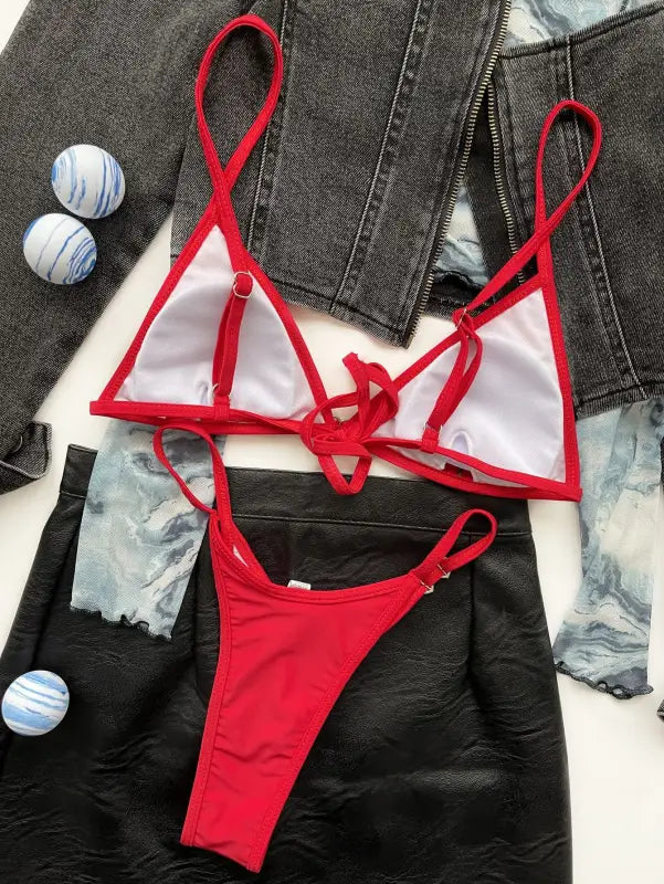Red string bikini featured with a stylish sexy triangle bag in the Boho Summer Tie Strap Swimsuit option