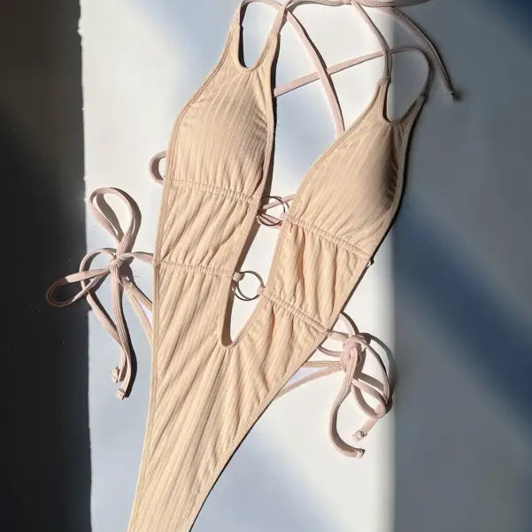 Beige ribbed one-piece swimsuit with tie straps by Boho Summers, free shipping