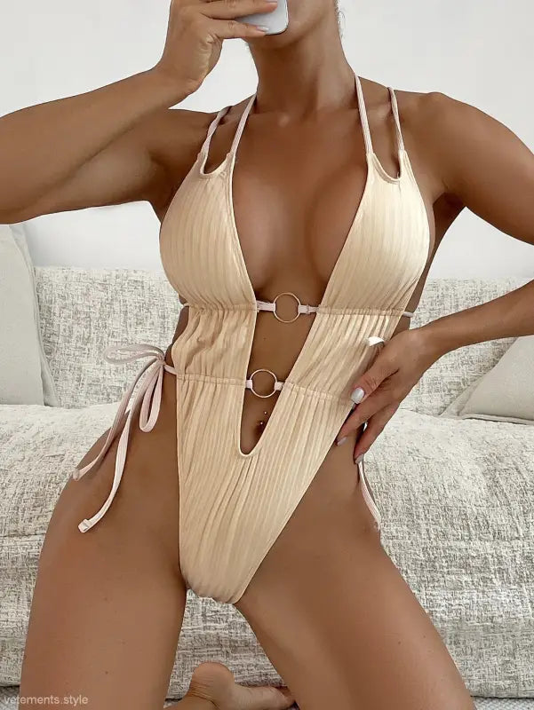 Beige ribbed one-piece swimsuit from Boho Summers with free shipping available