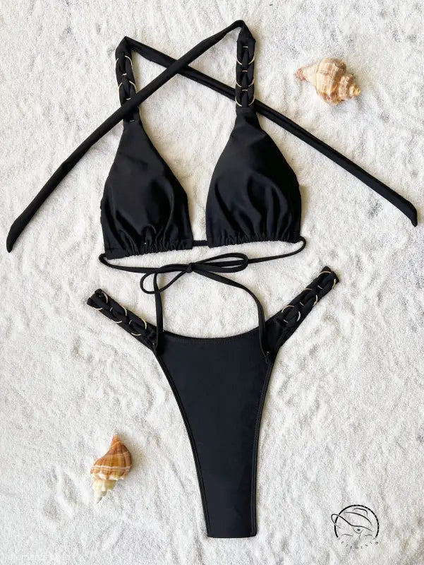 Black sexy vacation swimsuit with ring details and boho tie straps