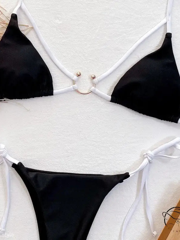 Black and white boho outer single swimsuit with triangle top and tie-side bottom