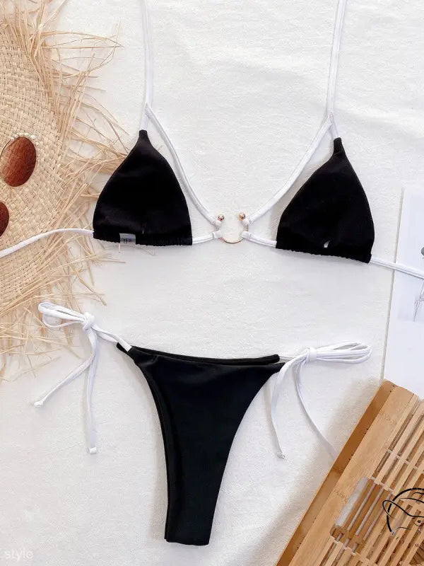 Black boho tie strap outer single swimsuit in black with white straps