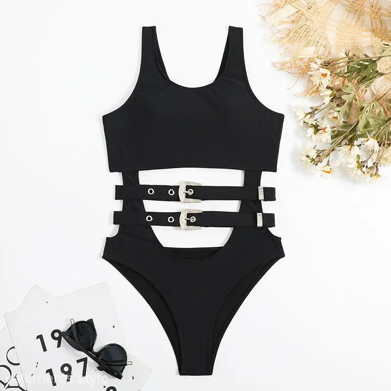 Black one-piece waist cutout swimsuit with buckle straps from Boho Vacation collection
