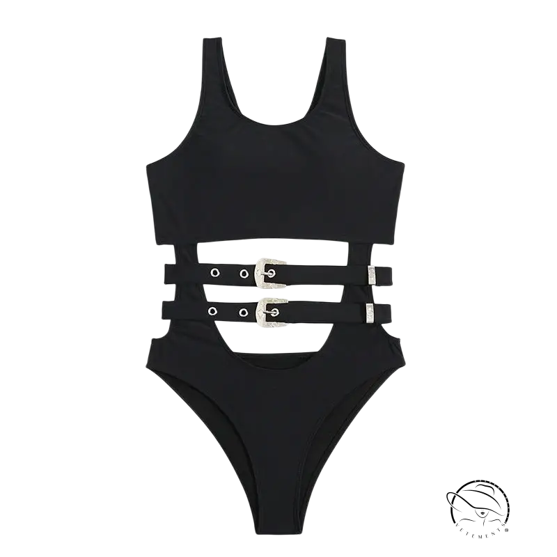 Black sexy waist cutout swimsuit with belted waist and buckle straps