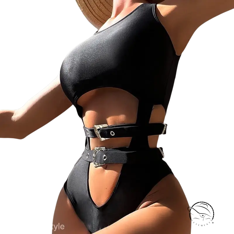 Black sexy waist cutout swimsuit with belted waist detail