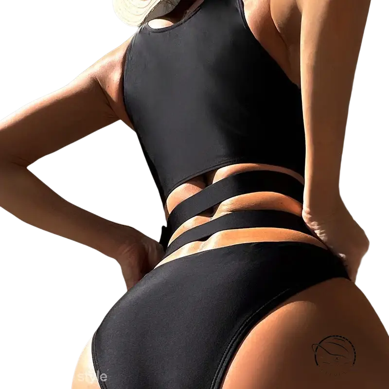 Black strappy cutout swimsuit with sexy belted waist detail