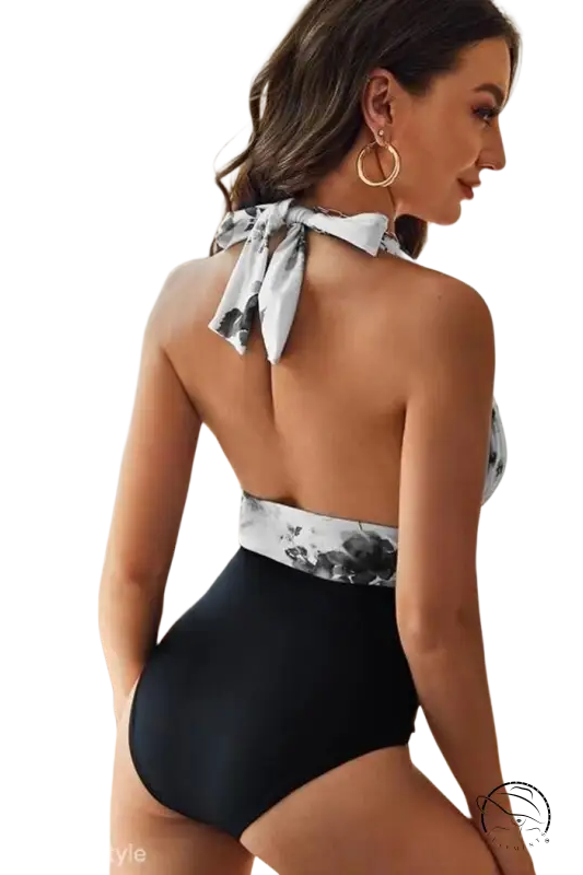 White tie-dye sexy printing bikini with black floral tie-back swimsuit