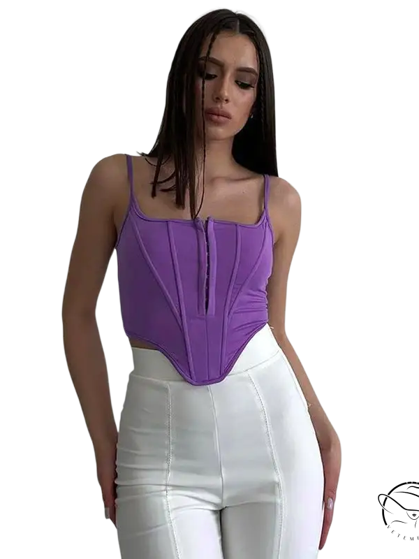 Purple boning corset waist crop top with lace tied waist detail