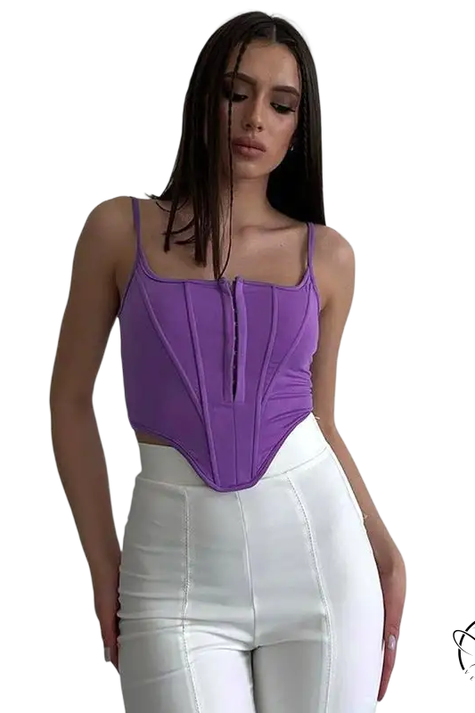 Purple boning corset waist crop top with lace tied waist detail
