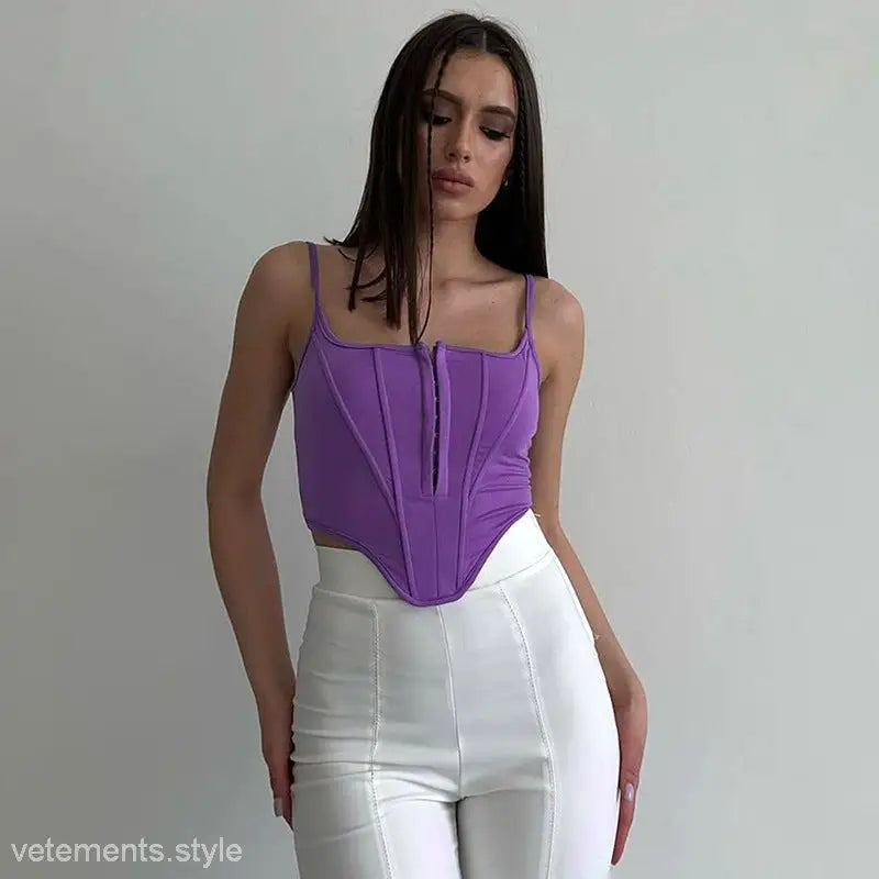 Purple boning corset waist crop top with lace tied waist detail and white pants