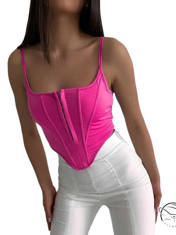 Hot pink boning corset waist crop top with lace tied waist detail
