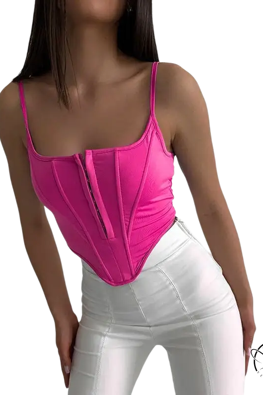Hot pink boning corset waist crop top with lace tied waist detail