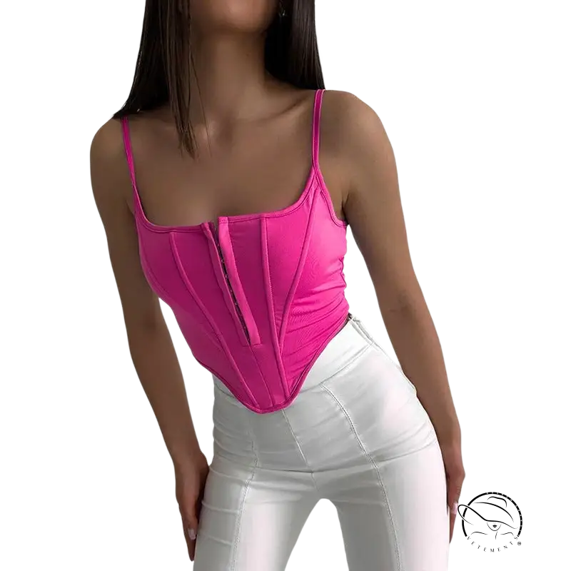 Hot pink boning corset waist crop top with lace tied waist detail