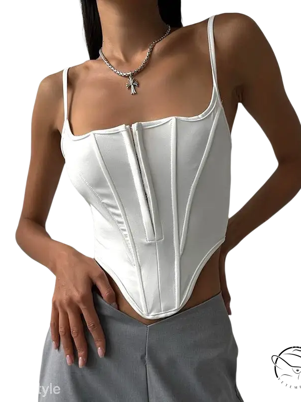 White boning corset waist crop top with lace tied waist detail