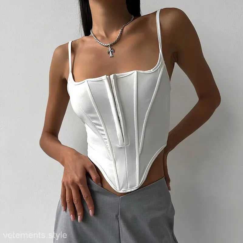 White Boning Corset Waist Crop Top featuring Lace Tied Waist design for a stylish look