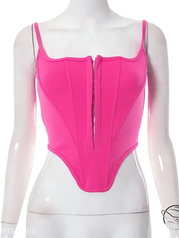 Hot pink boning corset waist crop top with lace tied waist detail