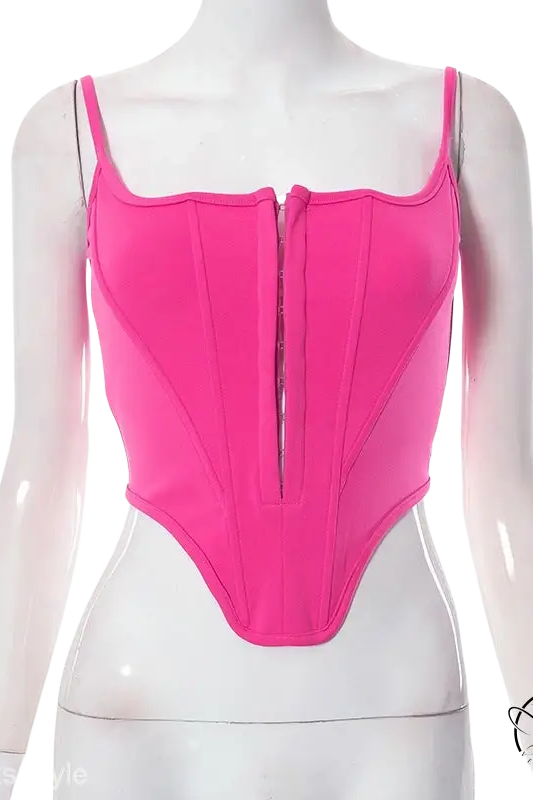 Hot pink boning corset waist crop top with lace tied waist detail