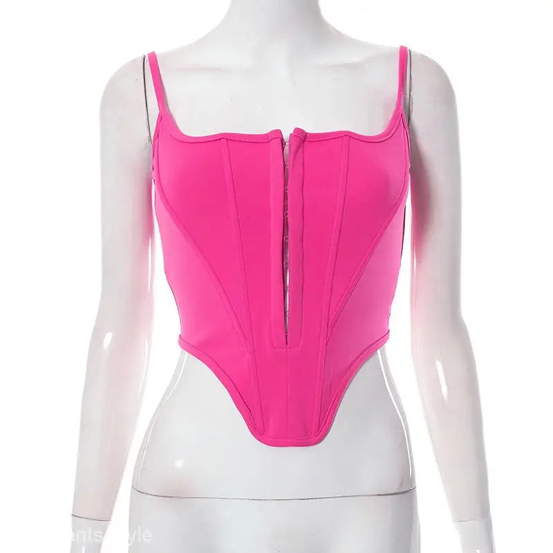 Hot pink boning corset waist crop top with lace tied waist detail for a stylish look