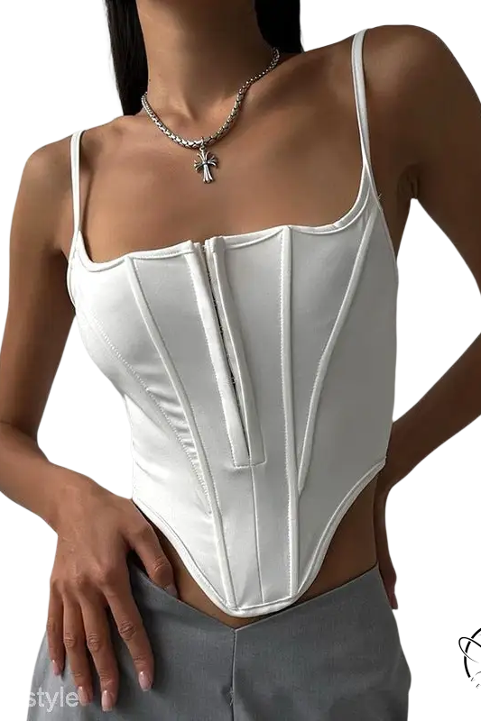 White boning corset waist crop top with lace tied waist detail