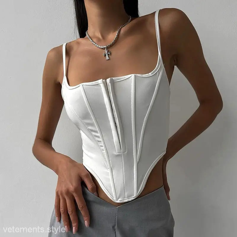 White Boning Corset Waist Crop Top with Lace Tied Waist Detail for a stylish look