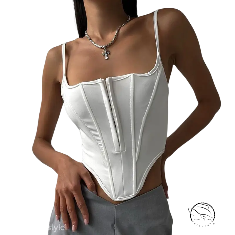 White boning corset waist crop top with lace tied waist detail