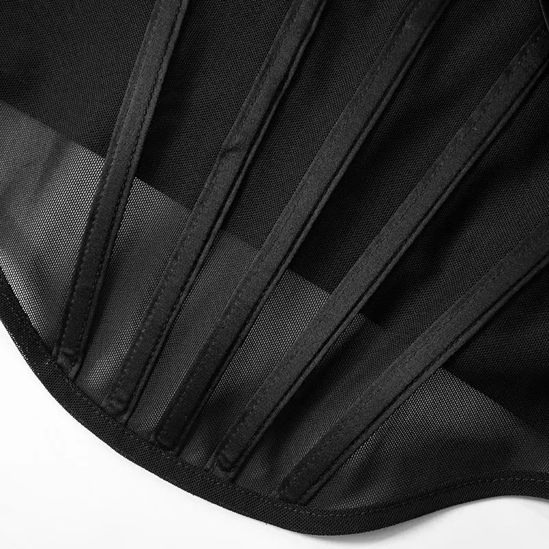 Close-up of a black mesh sexy bandeau tube top with boning and lace details