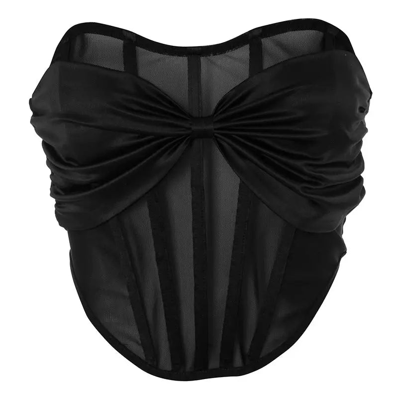 Black strapless bustier top with ruched detailing and sheer panels, perfect for mesh sexy bandeau summer fashion