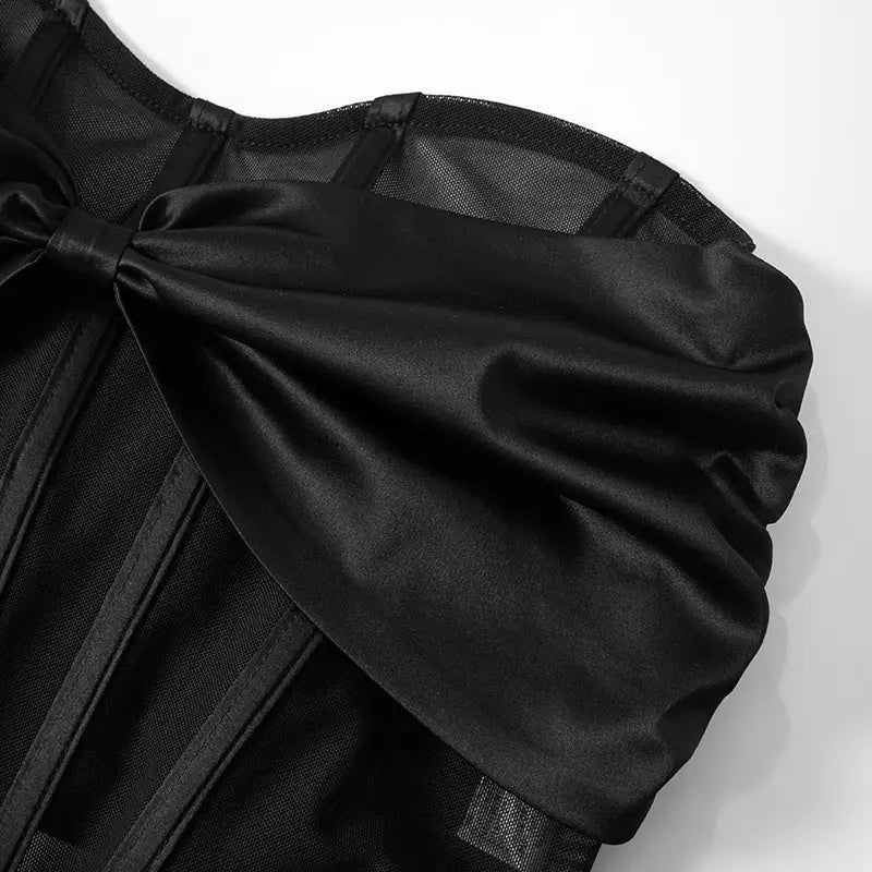 Black corset or bustier with satin bow detail, perfect for sexy mesh bandeau summer fashion