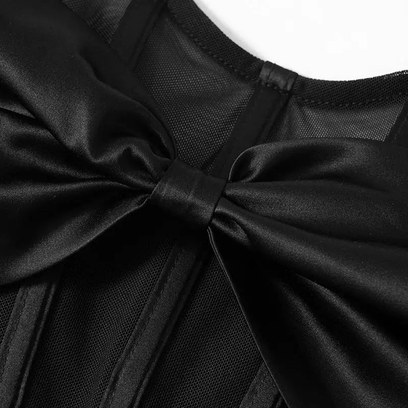 Black satin bow on mesh sexy bandeau top with lace and tulle for summer fashion