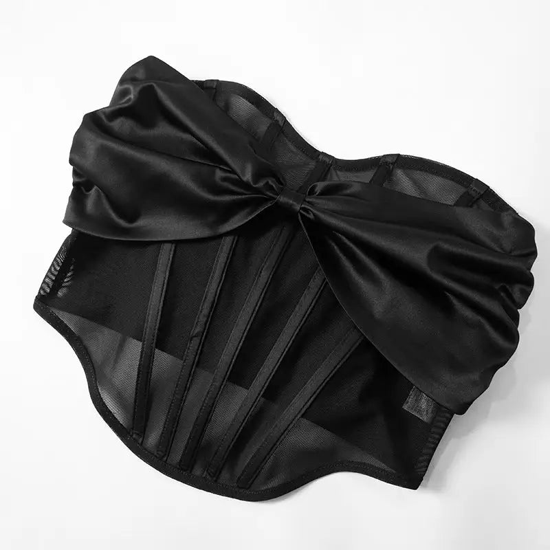 Black satin corset with large bow detail, perfect for sexy mesh bandeau summer fashion