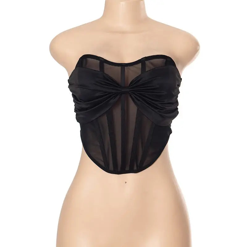 Black strapless bustier top with sheer panels and ruching, perfect for sexy bandeau summer fashion