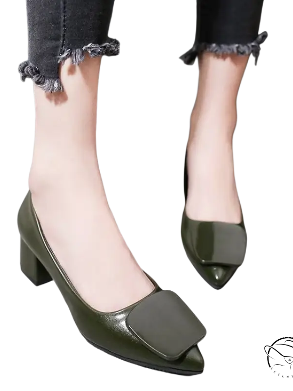 Olive green breathable Korean heels with square toe, buckle, and block heel