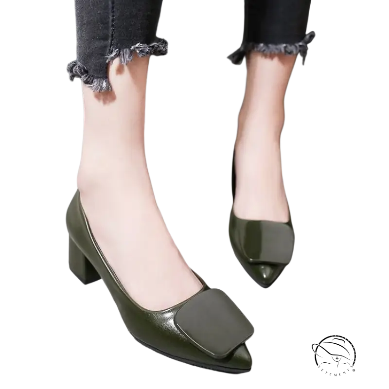 Olive green breathable Korean heels with square toe, buckle, and block heel