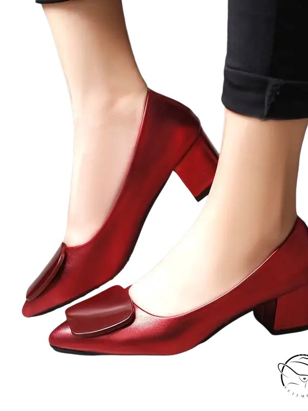 Breathable Korean heels: red patent leather block heel pumps with square toe and bow