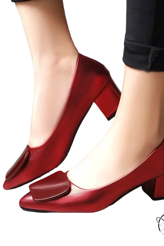 Breathable Korean heels: red patent leather block heel pumps with square toe and bow
